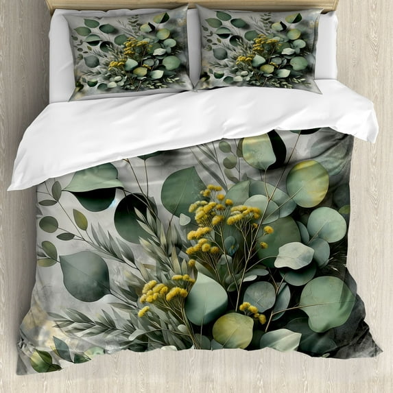 Ambesonne Eucalyptus Leaves Duvet Cover Set, Love of Nature, King, Mustard and Reseda Green