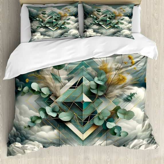 Ambesonne Eucalyptus Leaves Duvet Cover Set, Rhombus Clouds, Queen, Grey Teal Earth Yellow