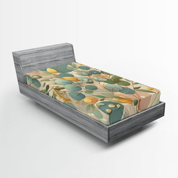 Ambesonne Eucalyptus Leaves Fitted Sheet, Pastel Art Deco, Twin Size, Peach Green and Pale Orange