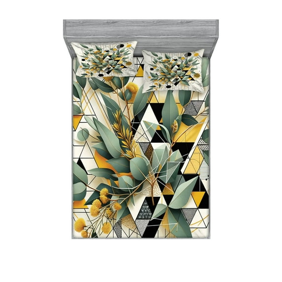 Ambesonne Eucalyptus Leaves Fitted Sheet & Pillow Sham Set, Blossomy Leaf Art, Full, Green Black Mustard