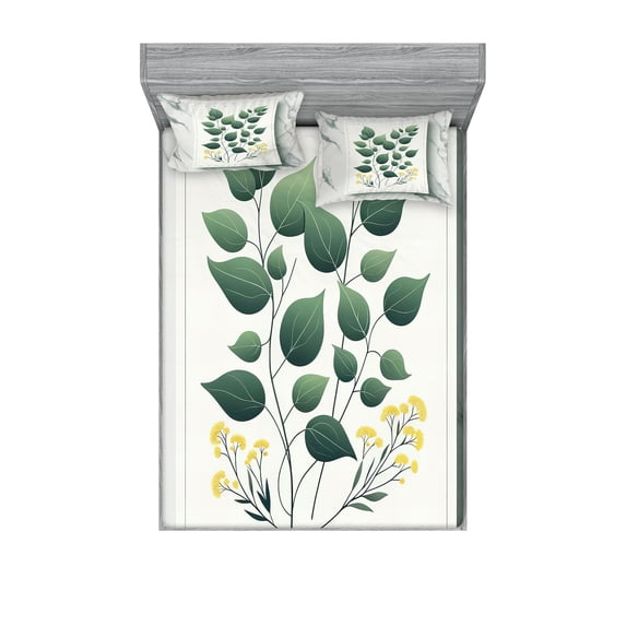 Ambesonne Eucalyptus Leaves Fitted Sheet & Pillow Sham Set, Minimal Botanical, Full, Reseda Green Yellow Grey