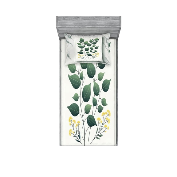 Ambesonne Eucalyptus Leaves Fitted Sheet & Pillow Sham Set, Minimal Botanical, Twin, Reseda Green Yellow Grey