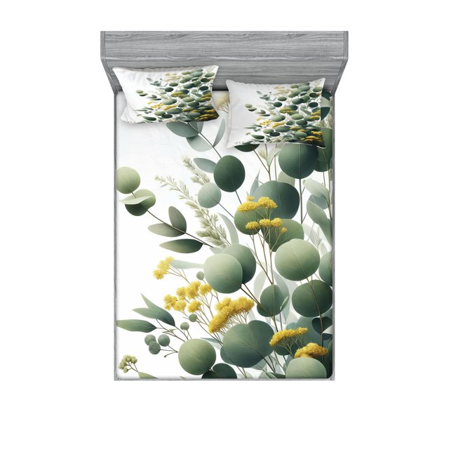 Ambesonne Eucalyptus Leaves Fitted Sheet & Pillow Sham Set, Round Leaf Branch, Queen, Mustard and Peacock Green
