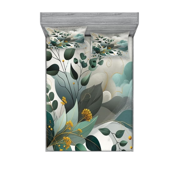 Ambesonne Eucalyptus Leaves Fitted Sheet & Pillow Sham Set, Waves and Leafs, Queen, Dark Sea Green Grey Teal