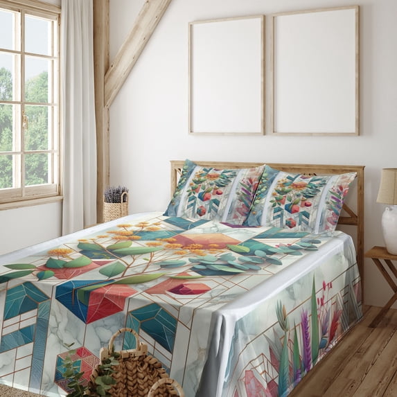 Ambesonne Eucalyptus Leaves Fitted & Top Sheet Set with Sham, Leaf Geometrics, Teal Multicolor