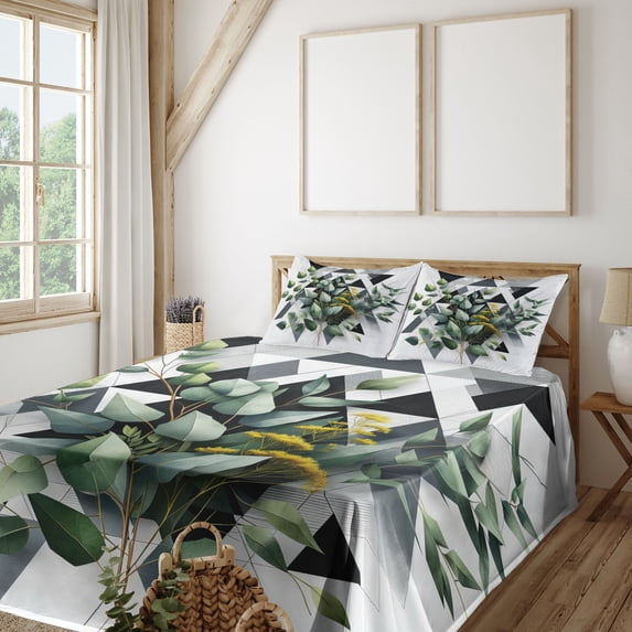 Ambesonne Eucalyptus Leaves Fitted & Top Sheet Set with Sham, Meadow Bouquet, Dark Blue Grey and Green