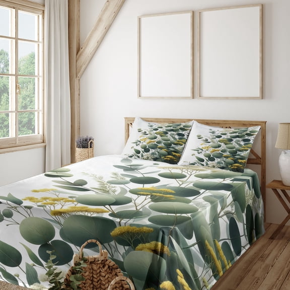 Ambesonne Eucalyptus Leaves Fitted & Top Sheet Set with Sham, Round Leaf Branch, Mustard and Peacock Green