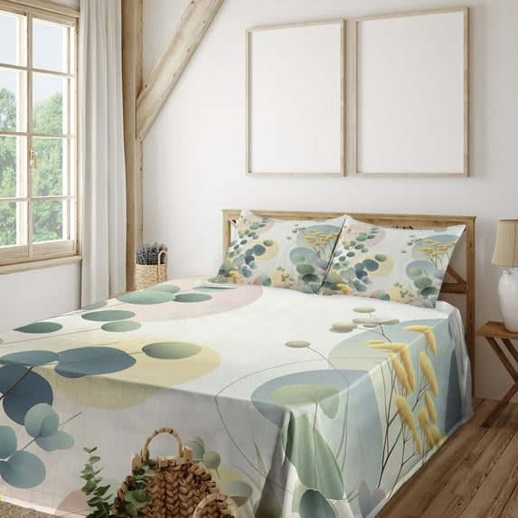 Ambesonne Eucalyptus Leaves Fitted & Top Sheet Set with Shams, Pastel Meadow, Laurel Green Blue Cream