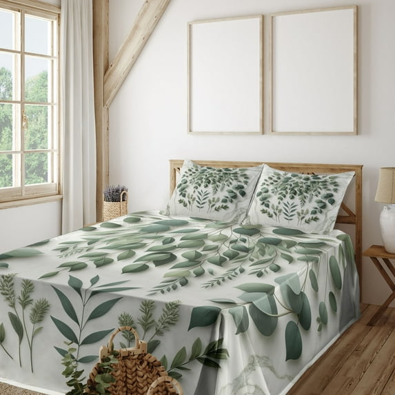 Ambesonne Eucalyptus Leaves Fitted & Top Sheet Set with Shams, Weeping Wreath, Ivory and Laurel Green