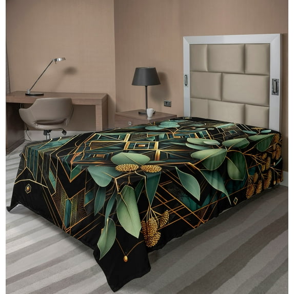 Ambesonne Eucalyptus Leaves Flat Sheet, Art Deco Botany, Twin Size, Black Laurel Green Amber