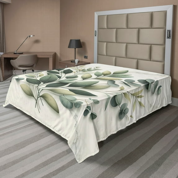 Ambesonne Eucalyptus Leaves Flat Sheet, Botanical Art, California King, Sage Green Off White