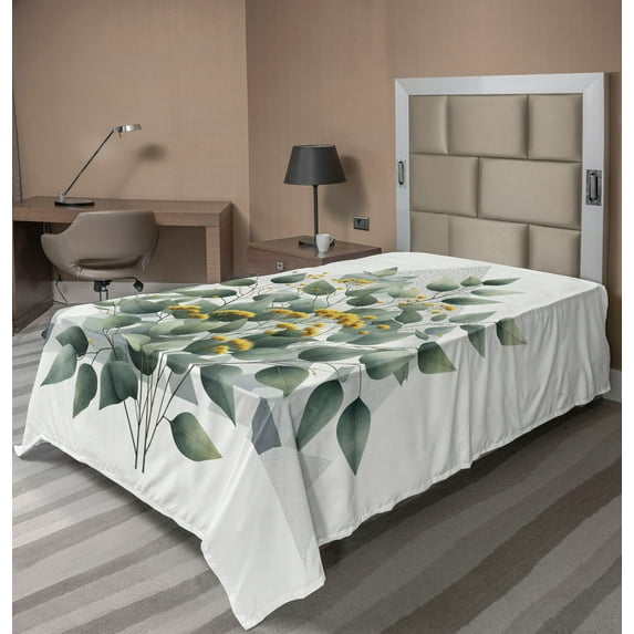 Ambesonne Eucalyptus Leaves Flat Sheet, Branch Triangle, TwinXL Size, Laurel Green White