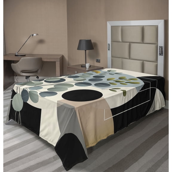 Ambesonne Eucalyptus Leaves Flat Sheet, Cold Mid Century, Twin Size, Black Blue Grey and Green