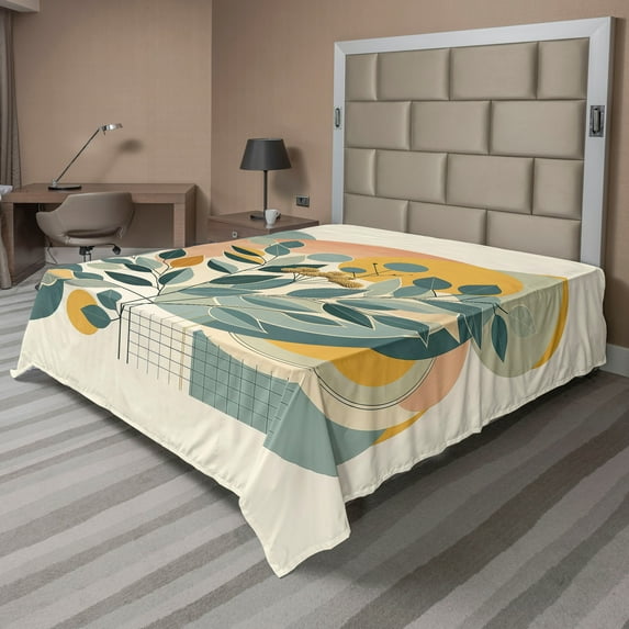 Ambesonne Eucalyptus Leaves Flat Sheet, Geometric Nature, Queen Size, Orange Dark Sea Green