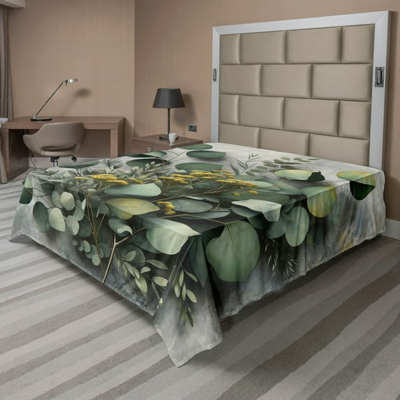 Ambesonne Eucalyptus Leaves Flat Sheet, Love of Nature, King Size, Mustard and Reseda Green