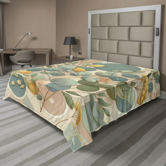 Ambesonne Eucalyptus Leaves Flat Sheet, Pastel Art Deco, California King, Peach Green and Pale Orange