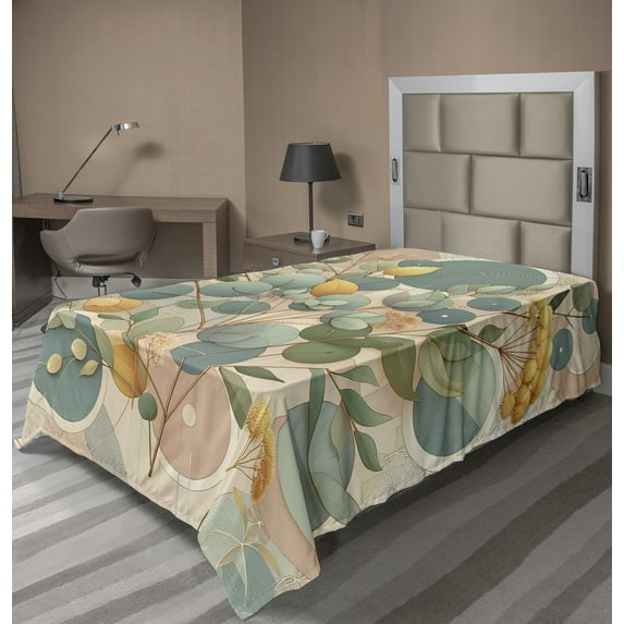 Ambesonne Eucalyptus Leaves Flat Sheet, Pastel Art Deco, TwinXL Size, Peach Green and Pale Orange
