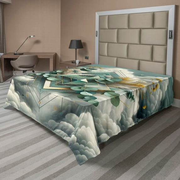 Ambesonne Eucalyptus Leaves Flat Sheet, Rhombus Clouds, Queen Size, Grey Teal Earth Yellow