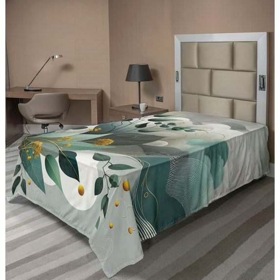 Ambesonne Eucalyptus Leaves Flat Sheet, Waves and Leafs, Twin Size, Dark Sea Green Grey Teal