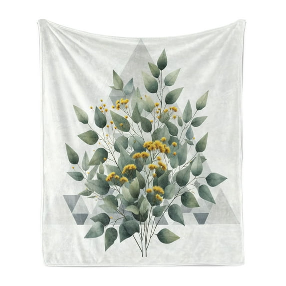 Ambesonne Eucalyptus Leaves Fleece Throw Blanket Branch Triangle 50"x70" Laurel Green White