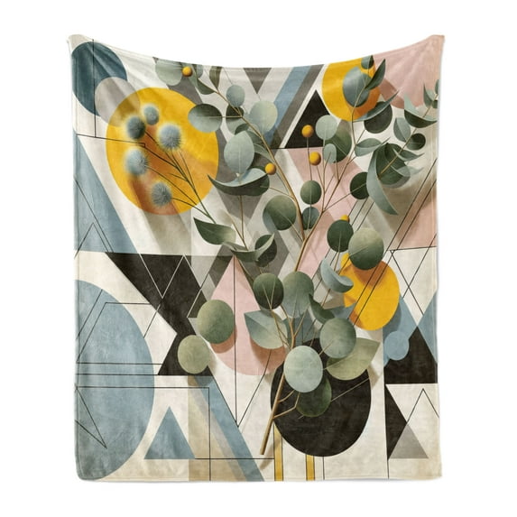 Ambesonne Eucalyptus Leaves Fleece Throw Blanket Retro Branches 70"x90" Orange Blue Grey Peach