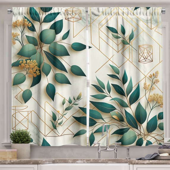 Ambesonne Eucalyptus Leaves Kitchen Curtains, Autumn Blooms, 55"x39", Dark Teal Amber Ivory
