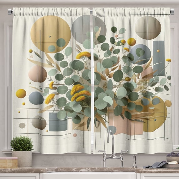 Ambesonne Eucalyptus Leaves Kitchen Curtains, Blooming Geometry, 55"x36", Green Multicolor