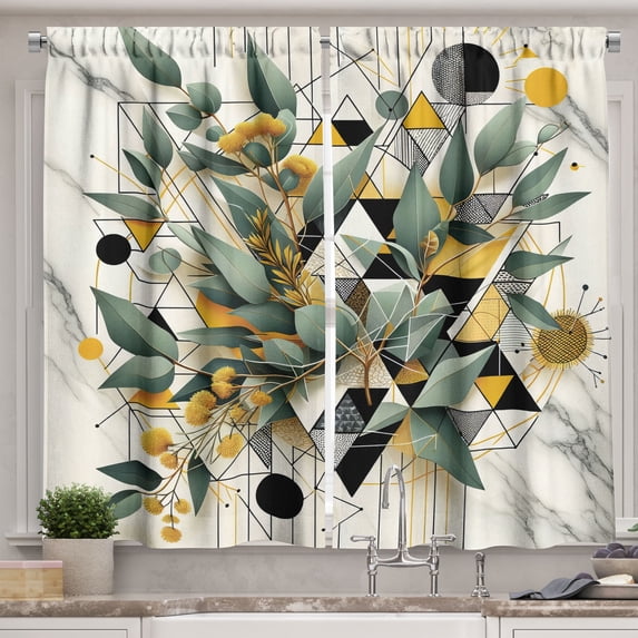 Ambesonne Eucalyptus Leaves Kitchen Curtains, Blossomy Leaf Art, 55"x39", Green Black Mustard