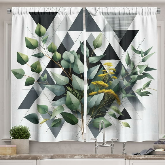 Ambesonne Eucalyptus Leaves Kitchen Curtains, Meadow Bouquet, 55"x24", Dark Blue Grey and Green