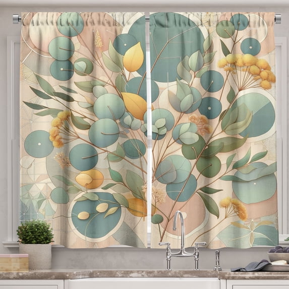 Ambesonne Eucalyptus Leaves Kitchen Curtains, Pastel Art Deco, 55"x39", Peach Green and Pale Orange