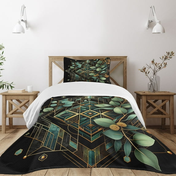 Ambesonne Eucalyptus Leaves Quilted Bedspread Set 2 Pcs, Art Deco Botany, Twin Size, Black Laurel Green Amber