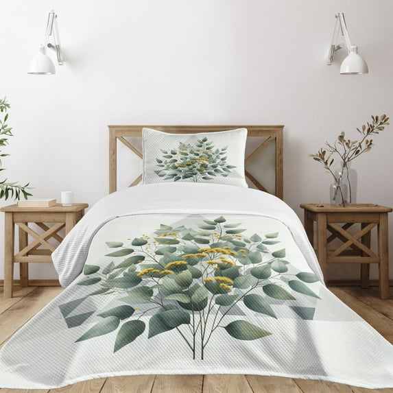 Ambesonne Eucalyptus Leaves Quilted Bedspread Set 2 Pcs, Branch Triangle, Twin Size, Laurel Green White