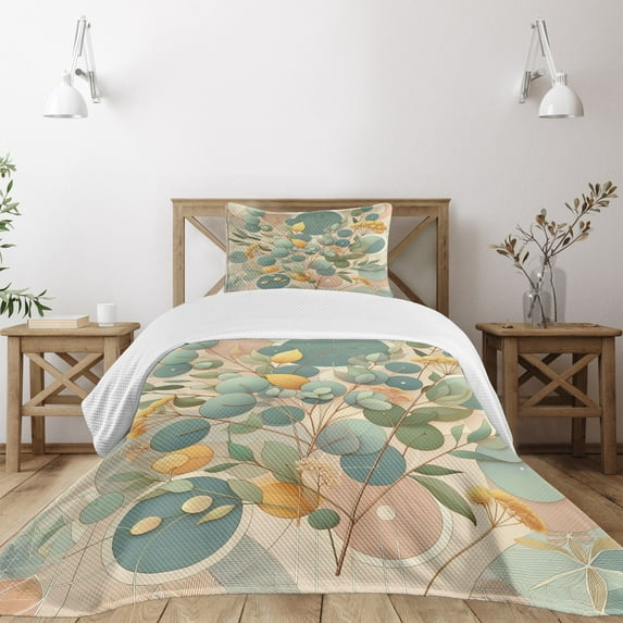 Ambesonne Eucalyptus Leaves Quilted Bedspread Set 2 Pcs, Pastel Art Deco, Twin Size, Peach Green and Pale Orange