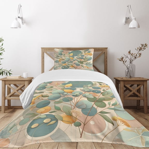 Ambesonne Eucalyptus Leaves Quilted Bedspread Set 2 Pcs, Pastel Art Deco, Twin Size, Peach Green and Pale Orange