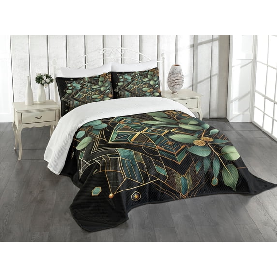 Ambesonne Eucalyptus Leaves Quilted Bedspread Set 3 Pcs, Art Deco Botany, Queen Size, Black Laurel Green Amber