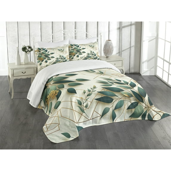Ambesonne Eucalyptus Leaves Quilted Bedspread Set 3 Pcs, Autumn Blooms, Queen Size, Dark Teal Amber Ivory