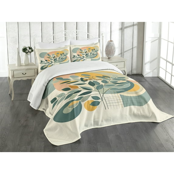 Ambesonne Eucalyptus Leaves Quilted Bedspread Set 3 Pcs, Geometric Nature, Queen Size, Orange Dark Sea Green