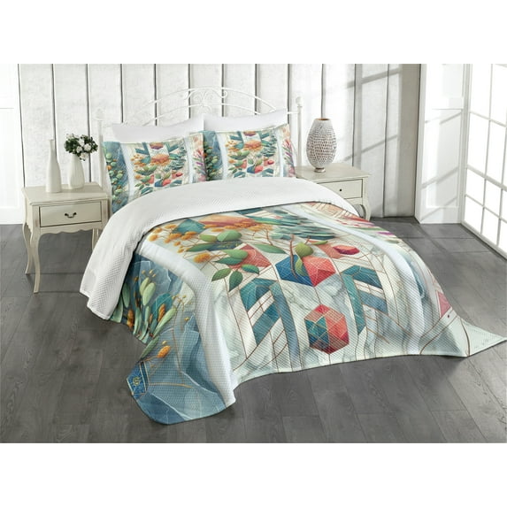 Ambesonne Eucalyptus Leaves Quilted Bedspread Set 3 Pcs, Leaf Geometrics, King Size, Teal Multicolor