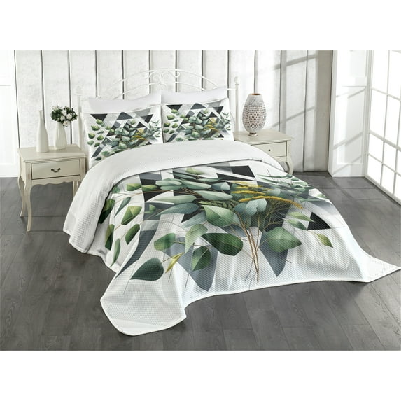 Ambesonne Eucalyptus Leaves Quilted Bedspread Set 3 Pcs, Meadow Bouquet, Queen Size, Dark Blue Grey and Green