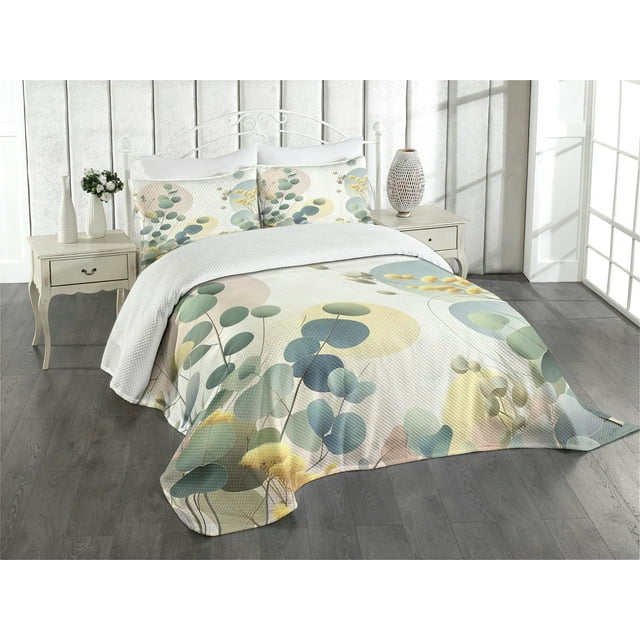 Ambesonne Eucalyptus Leaves Quilted Bedspread Set 3 Pcs, Pastel Meadow, Queen Size, Laurel Green Blue Cream