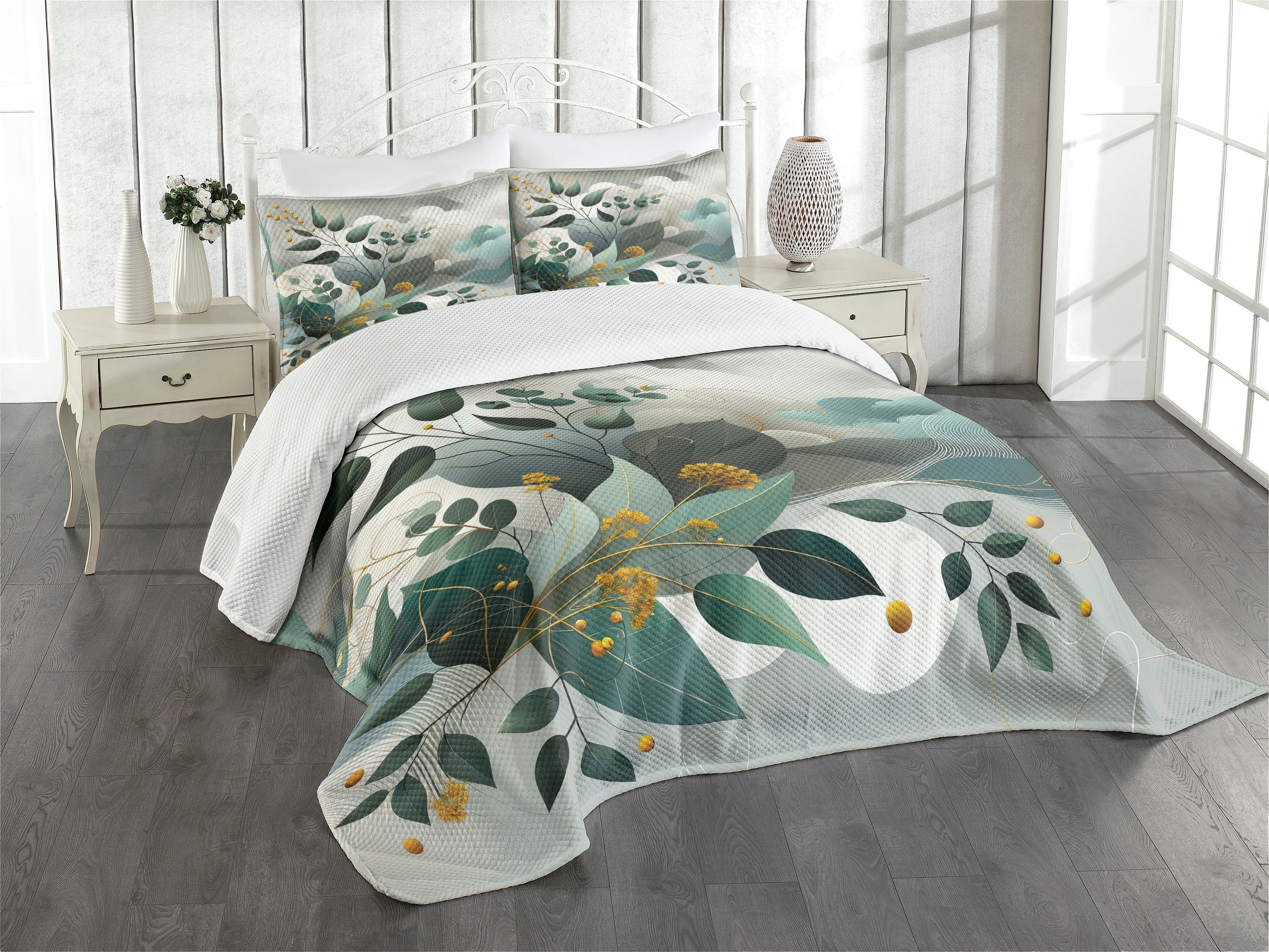 King Size Dark Sea Green Blue Floral Bedspread Set