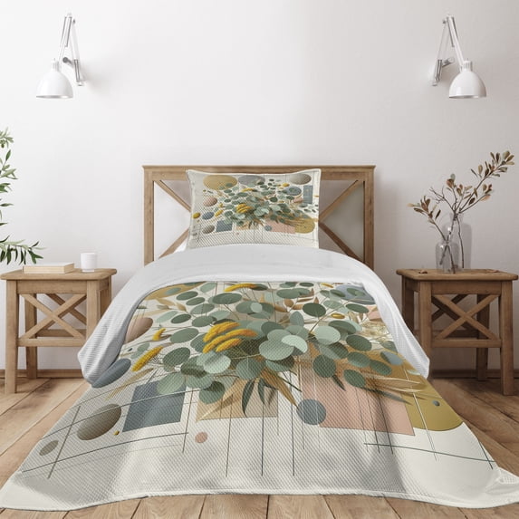 Ambesonne Eucalyptus Leaves Quilted Coverlet 2 Pcs, Blooming Geometry, Twin Size, Green Multicolor