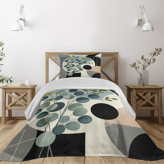 Ambesonne Eucalyptus Leaves Quilted Coverlet 2 Pcs, Cold Mid Century, Twin Size, Black Blue Grey and Green