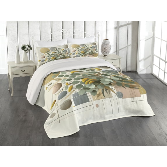 Ambesonne Eucalyptus Leaves Quilted Coverlet 3 Pcs, Blooming Geometry, King Size, Green Multicolor