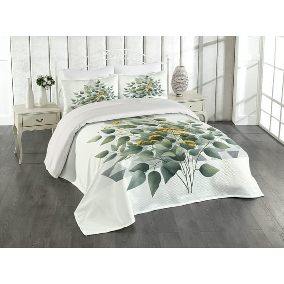 Ambesonne Eucalyptus Leaves Quilted Coverlet 3 Pcs, Branch Triangle, King Size, Laurel Green White