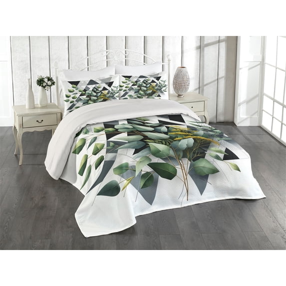Ambesonne Eucalyptus Leaves Quilted Coverlet 3 Pcs, Meadow Bouquet, King Size, Dark Blue Grey and Green