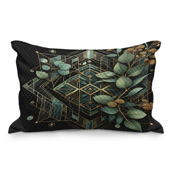 Ambesonne Eucalyptus Leaves Quilted Pillowcover, Art Deco Botany, 30" x 20", Black Laurel Green Amber