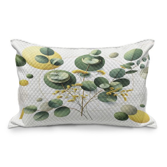 Ambesonne Eucalyptus Leaves Quilted Pillowcover, Boho Leaf Design, 30" x 20", Fern Green Yellow and White