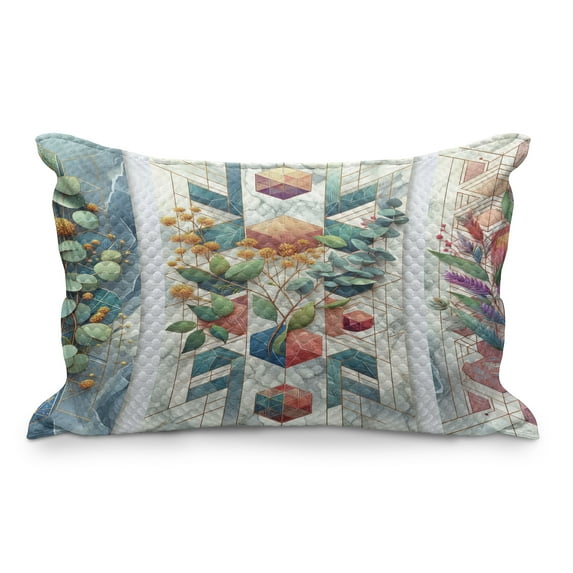 Ambesonne Eucalyptus Leaves Quilted Pillowcover, Leaf Geometrics, 30" x 20", Teal Multicolor