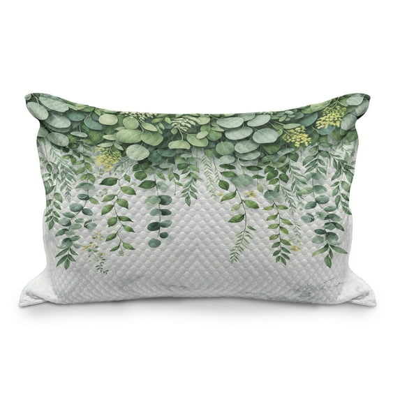 Ambesonne Eucalyptus Leaves Quilted Pillowcover, Leafy Branches, 30" x 20", Fern Green Pastel Yellow